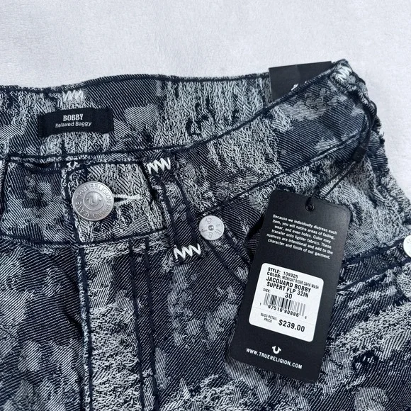 True Religion Bobby Relaxed Baggy Jeans Mens 30x30 Blue Camo Jacquard Denim